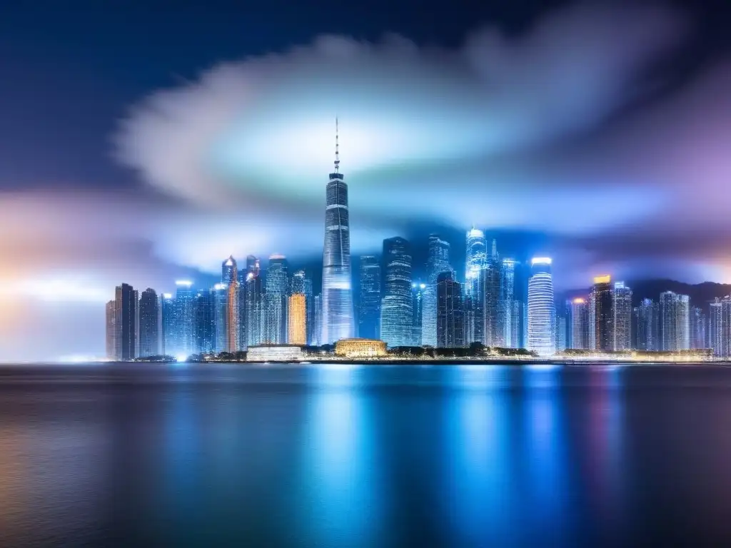 Metrópolis nocturna: luces y oportunidades inmobiliarias Vibrante ciudad nocturna reflejada en el agua con rascacielos iluminados