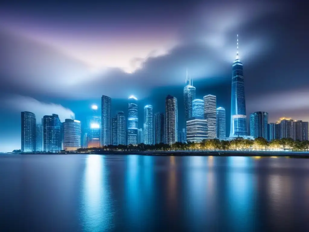 Horizonte urbano nocturno en 8k: rascacielos iluminados en ciudad moderna Vibrante ciudad nocturna reflejada en agua, simbolizando la seguridad en inversiones inmobiliarias internacionales