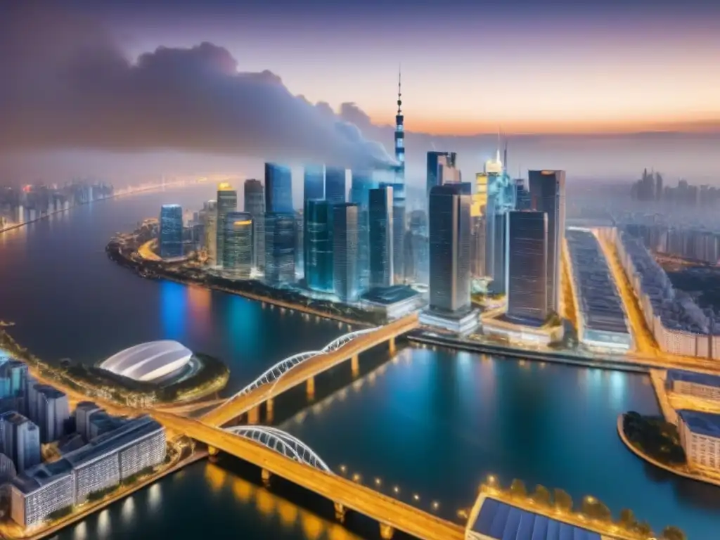 Esplendor nocturno de la ciudad: luces vibrantes y río sereno Vibrante ciudad nocturna reflejada en el río, ideal para inversión inmobiliaria en ciudades globales