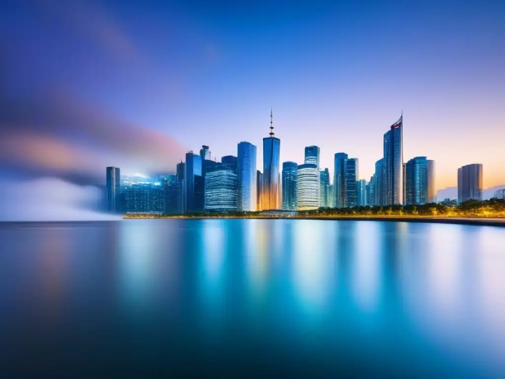 Horizonte urbano nocturno: inversión inmobiliaria internacional Vibrante ciudad nocturna reflejada en agua, muestra la dinámica de Inversiones inmobiliarias internacionales herramientas