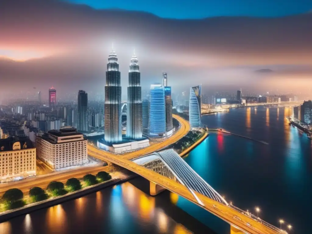 Esplendor urbano nocturno: ciudad vibrante en 8k Vibrante ciudad nocturna, río sereno, rascacielos iluminados y bullicio urbano