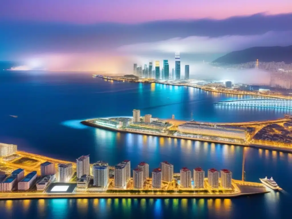 Metrópolis vibrante: luces nocturnas sobre el mar Vibrante ciudad nocturna rodeada de mar tranquila
