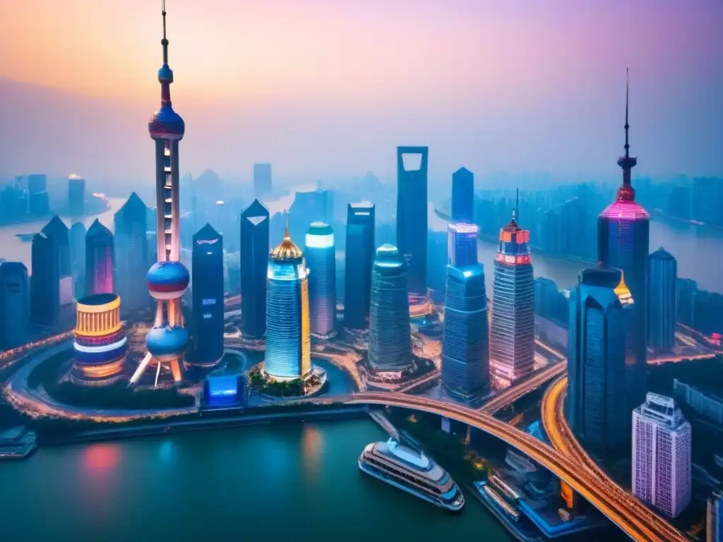 Shanghai de noche: skyline futurista iluminado junto al río Huangpu Vibrante ciudad nocturna en Shanghai con rascacielos futuristas iluminados y reflejos de neón en el río Huangpu