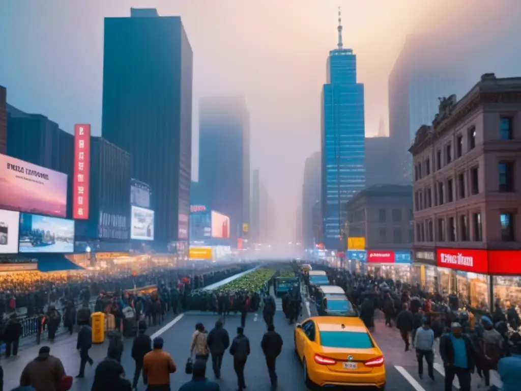 Vibrante ciudad al atardecer: energía urbana multicultural Vibrante ciudad norteamericana con migrantes internos, rascacielos iluminados al anochecer y calles llenas de diversidad