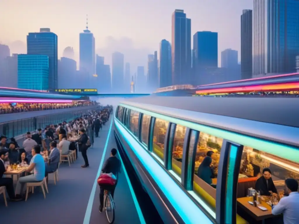 Metrópolis futurista: vida urbana en crecimiento Vibrante ciudad norteamericana al anochecer, con rascacielos iluminados y diversa actividad urbana en las calles
