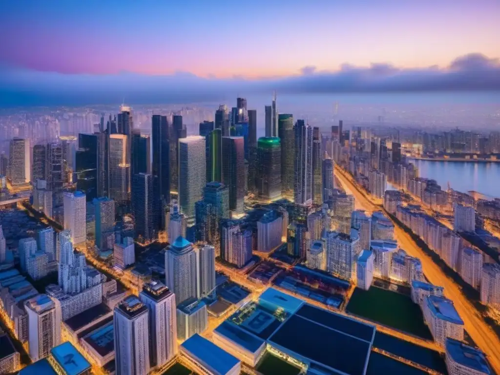 Oportunidades de inversión inmobiliaria global al anochecer Vibrante ciudad al anochecer, reflejando oportunidades de inversión inmobiliaria global