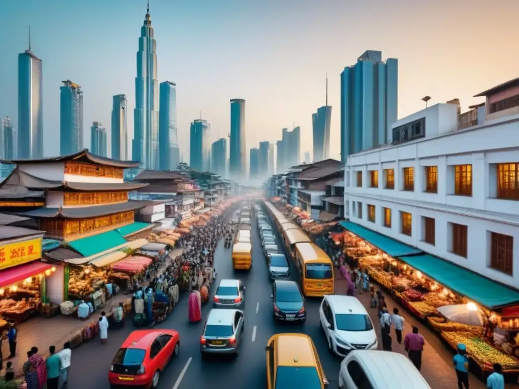 Cityscape vibrante en país en desarrollo: modernidad y tradición Vibrante ciudad en país emergente, reflejando diversidad y oportunidad