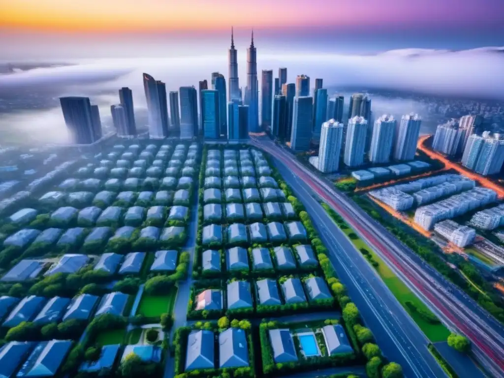 Metrópolis floreciente: postcrisis inmobiliaria Vibrante ciudad postcrisis, con rascacielos y naturaleza