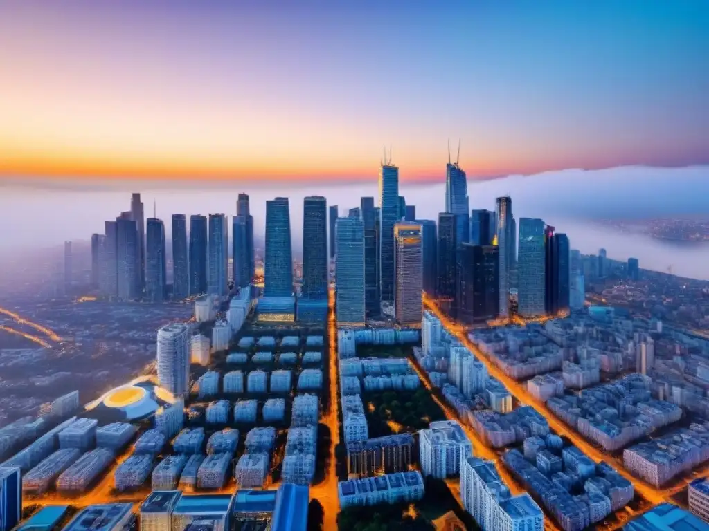 Horizonte urbano vibrante: reflejo del mercado inmobiliario poscrisis Vibrante ciudad postcrisis con rascacielos modernos y edificios altos reflejando inversiones inmobiliarias internacionales