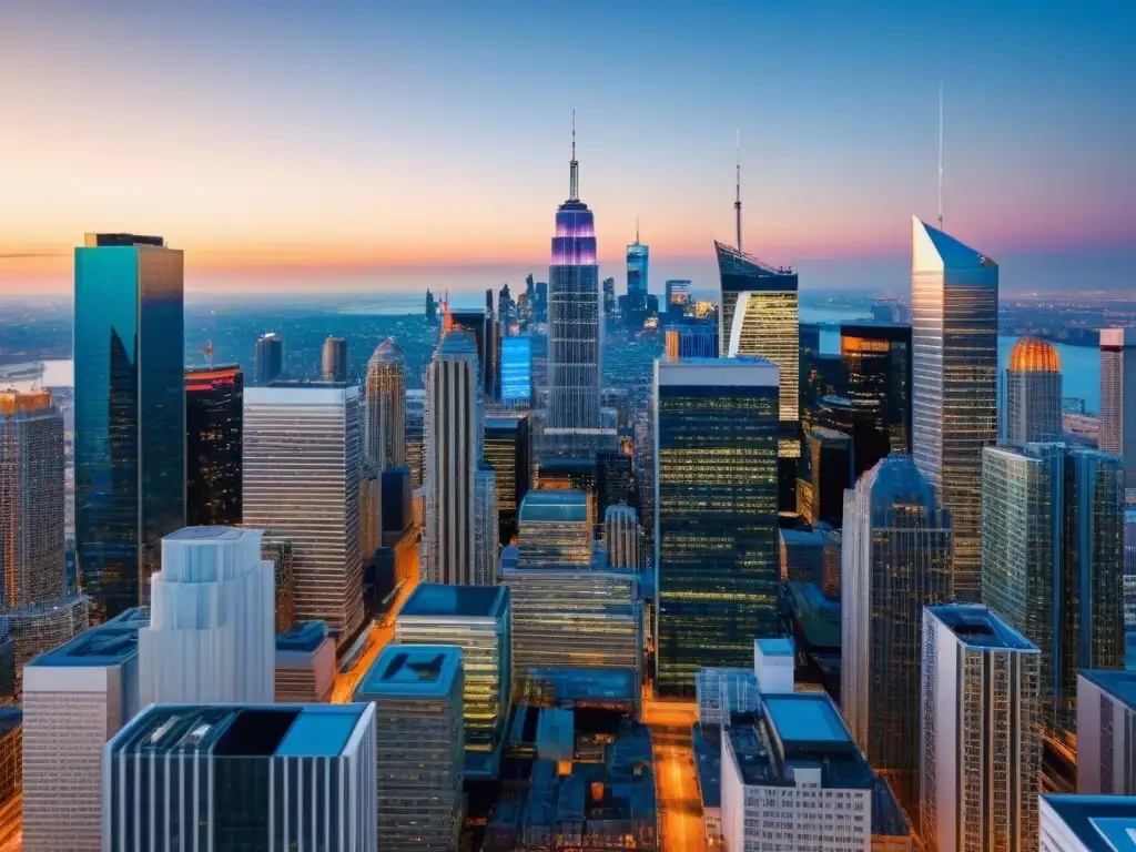 Innovación y dinamismo: skyline urbano en la era postcrisis Vibrante ciudad postcrisis: rascacielos iluminados y profesionales en discusión, reflejando adaptación mercado inmobiliario postcrisis