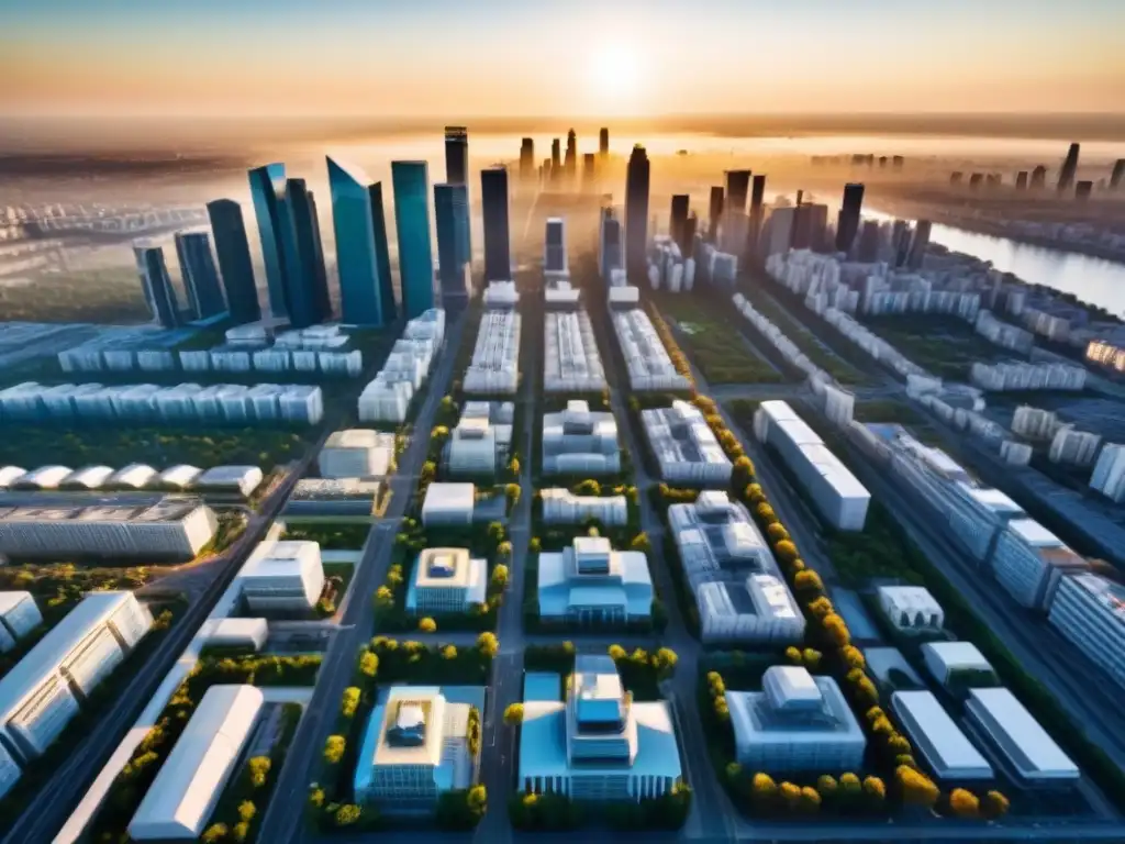 Metrópolis posindustrial: atardecer entre rascacielos y naturaleza Vibrante ciudad postindustrial al atardecer, fusionando naturaleza y arquitectura moderna