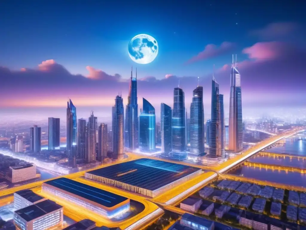 Metrópolis futurista: luces neón y innovación nocturna Vibrante ciudad postindustrial futurista de noche con rascacielos iluminados por luces de neón y vehículos autónomos, proyectando innovación