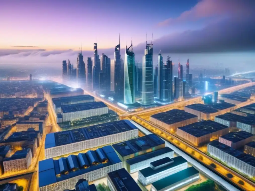 Metrópolis postindustrial: visión nocturna futurista Vibrante ciudad postindustrial internacional lista para invertir en el futuro