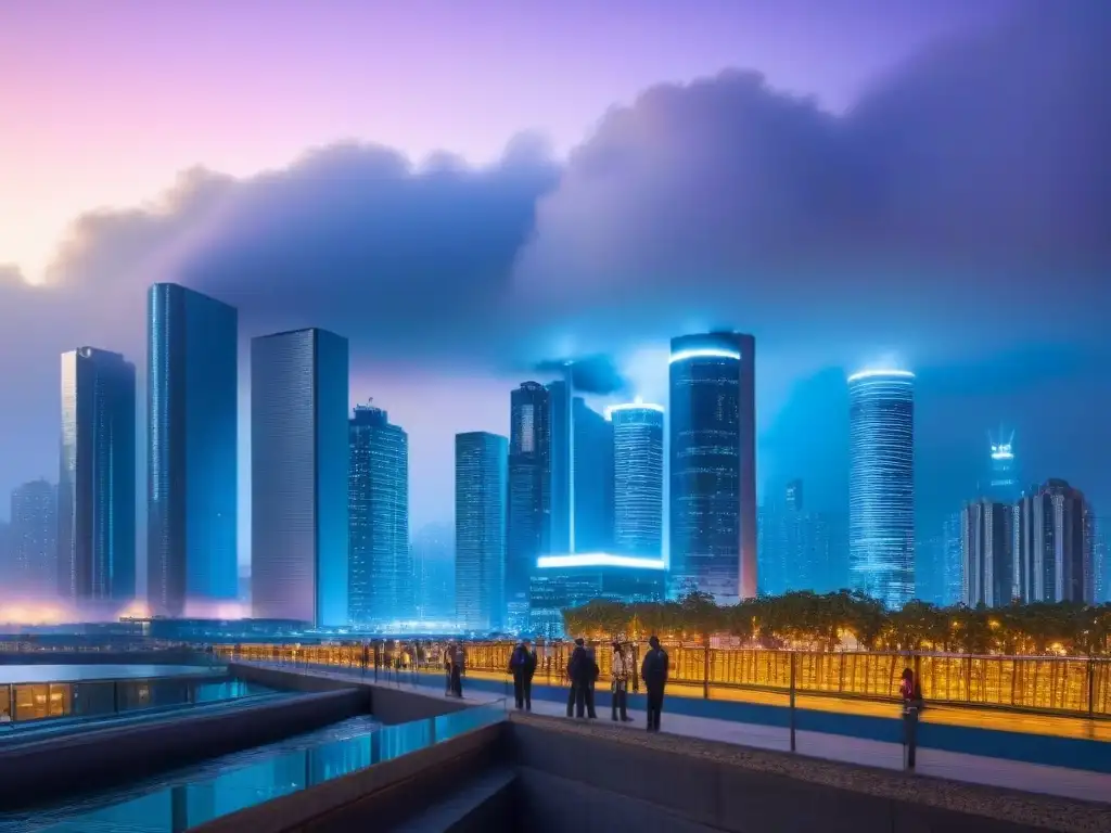 Inversión urbana: Oportunidades en ciudad posindustrial vibrante Vibrante ciudad postindustrial al anochecer, con modernos rascacielos iluminados y profesionales dialogando