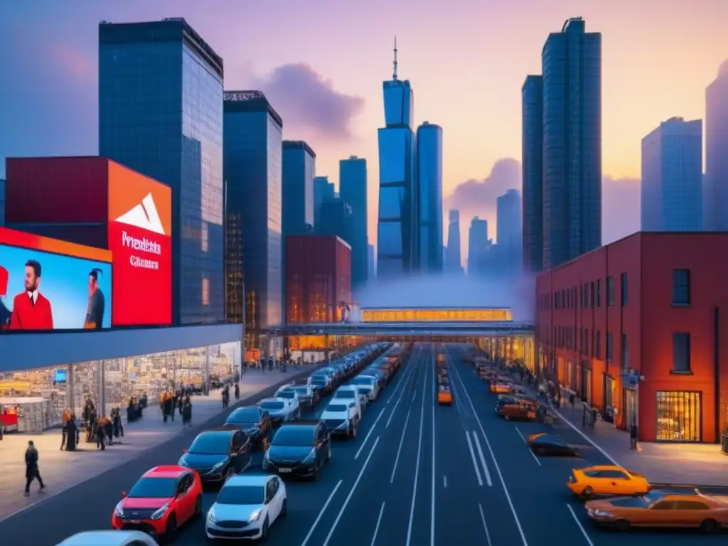 Cityscape postindustrial: modernidad y oportunidad Vibrante ciudad postindustrial al anochecer con profesionales discutiendo