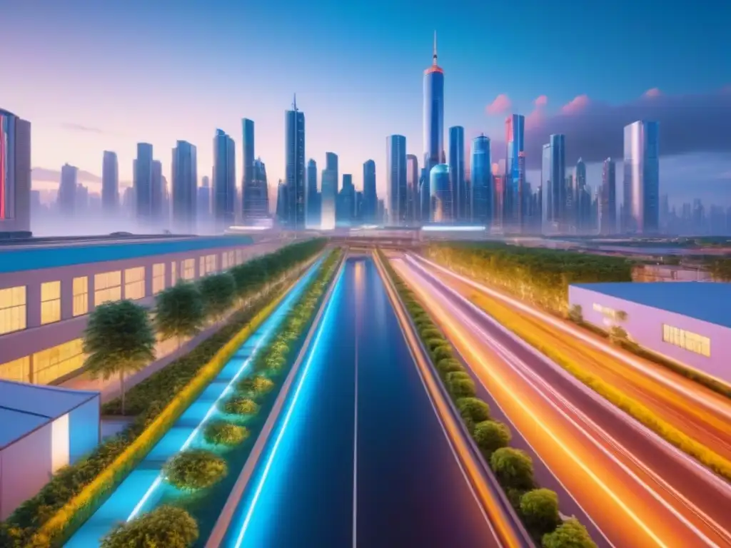 Metrópolis Futurista Postindustrial: Inversión Urbana de Vanguardia Vibrante ciudad postindustrial al anochecer con rascacielos iluminados y bulliciosa calle