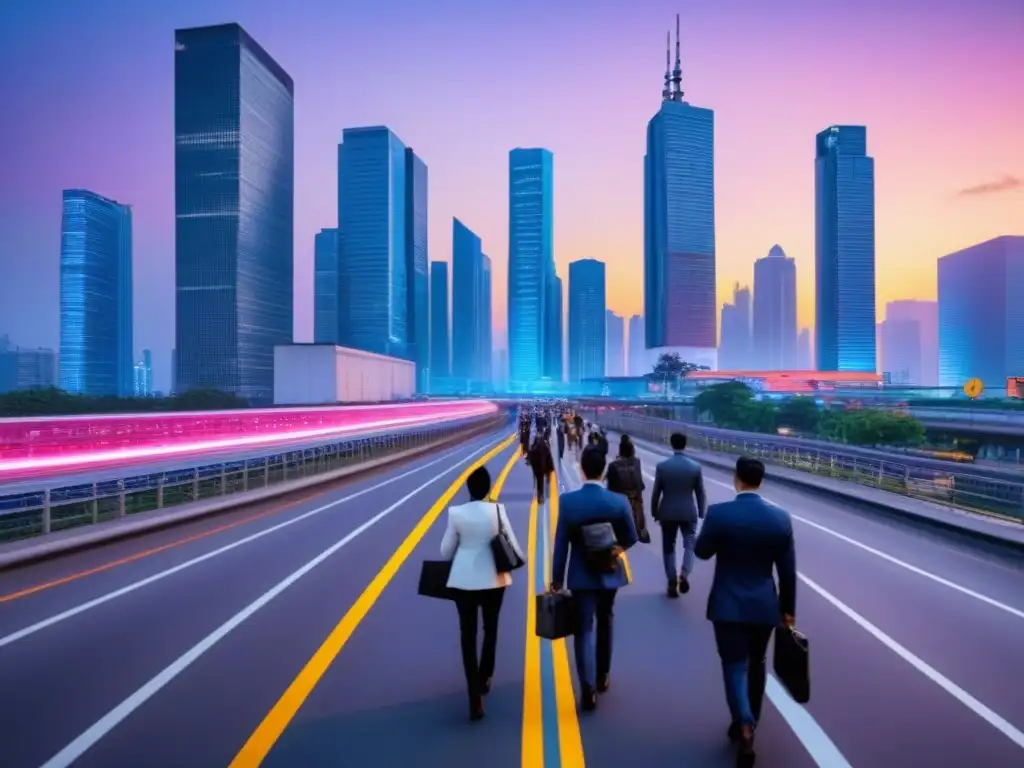 Metrópolis posindustrial: dinamismo y prosperidad urbana Vibrante ciudad postindustrial con rascacielos iluminados por luces de neón, reflejando el mercado inmobiliario internacional postindustrial