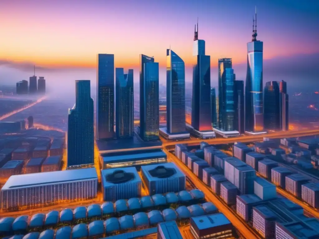 Horizonte urbano futurista en 8k: innovación y progreso Vibrante ciudad postindustrial al anochecer con rascacielos futuristas iluminados