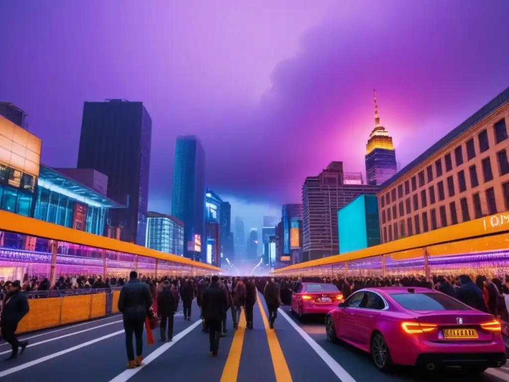 Metrópolis postindustrial: luces y diversidad en crepúsculo Vibrante ciudad postindustrial al anochecer con rascacielos iluminados y una escena urbana futurista
