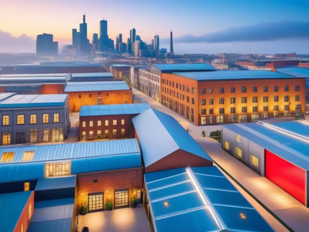 Transformación urbana: ciudad postindustrial vibrante Vibrante ciudad postindustrial con tendencias de inversión inmobiliaria en renovados almacenes y modernos edificios