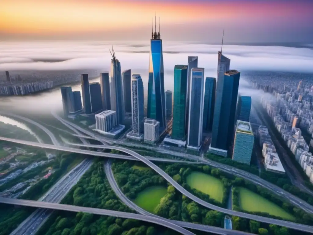 Metrópolis pospandemia: modernidad urbana en evolución Vibrante ciudad postpandemia con rascacielos modernos, espacios verdes y red de carreteras, reflejando tendencias mercado inmobiliario internacional