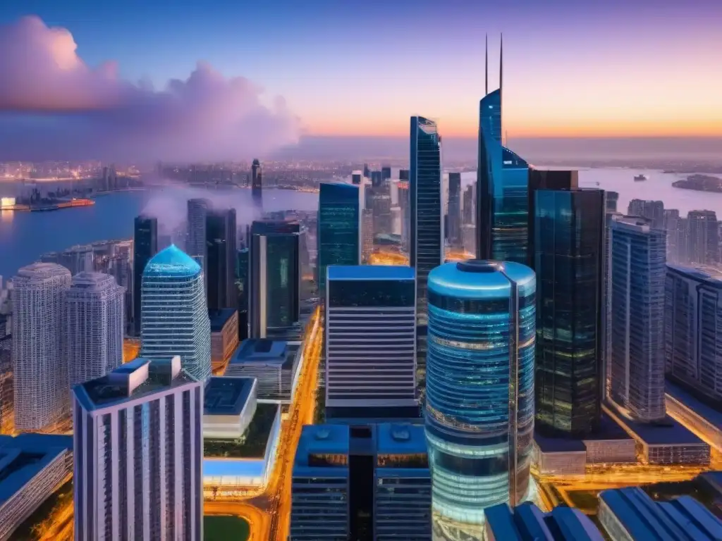 Inversión inmobiliaria: ciudad vibrante al anochecer Vibrante ciudad al anochecer con profesionales en ajetreadas conversaciones