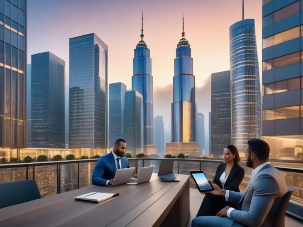 Vibrante ciudad al atardecer: profesionales y arquitectura moderna Vibrante ciudad al anochecer con profesionales debatiendo, simbolizando oportunidades de inversión en inmobiliaria
