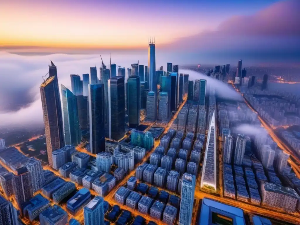 Metrópolis moderna: auge del mercado inmobiliario global Vibrante ciudad con rascacielos y ajetreo urbano, simbolizando alianzas estratégicas en mercado inmobiliario global