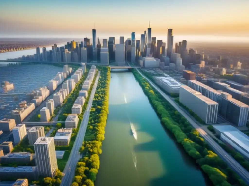 Metrópolis vibrante de América del Norte: luces, ríos y rascacielos Vibrante ciudad en Norteamérica, con rascacielos y áreas verdes