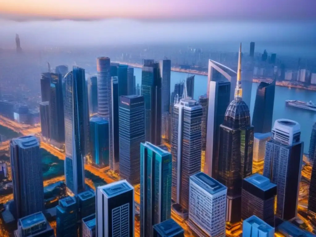 Metrópolis moderna: ciudades vibrantes y oportunidades de inversión Vibrante ciudad de rascacielos y arquitectura futurista, reflejando el atractivo de las inversiones inmobiliarias internacionales para Millennials