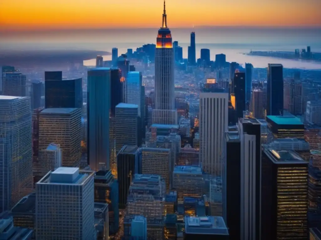 Cityscape postmerger: atardecer en metrópolis de cristal Vibrante ciudad de rascacielos al atardecer, reflejando el liderazgo en mercado inmobiliario postfusión