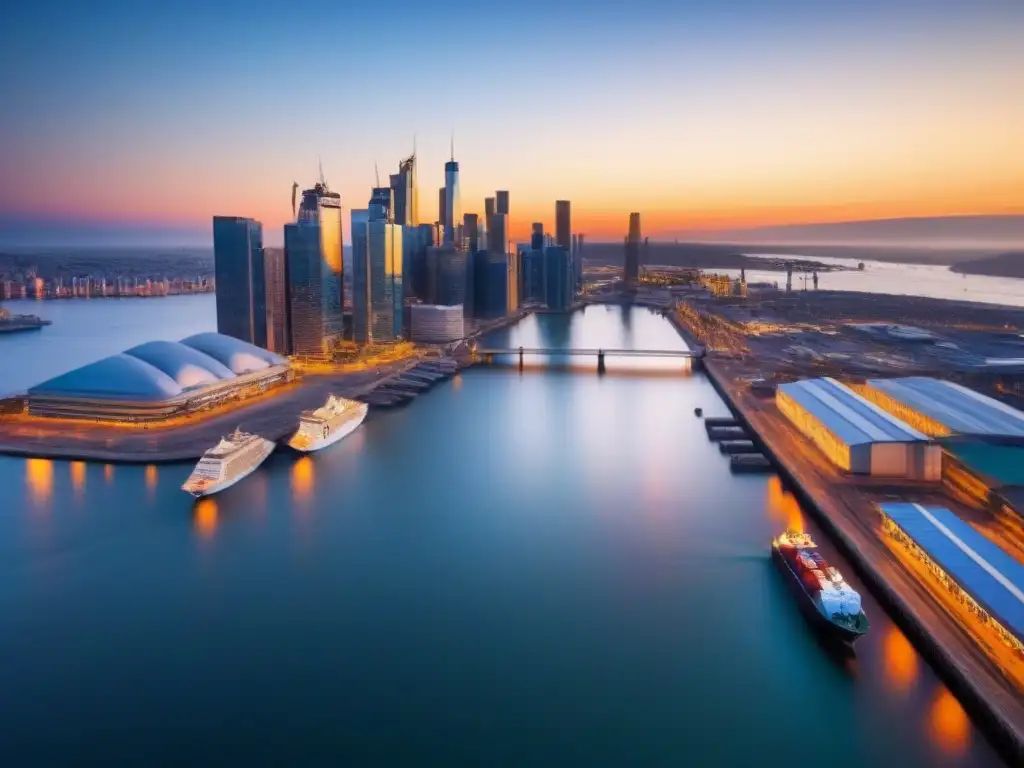 Horizonte urbano al atardecer: metrópolis en pleno auge Vibrante ciudad con rascacielos en el atardecer, reflejando los beneficios inversión inmobiliaria internacional