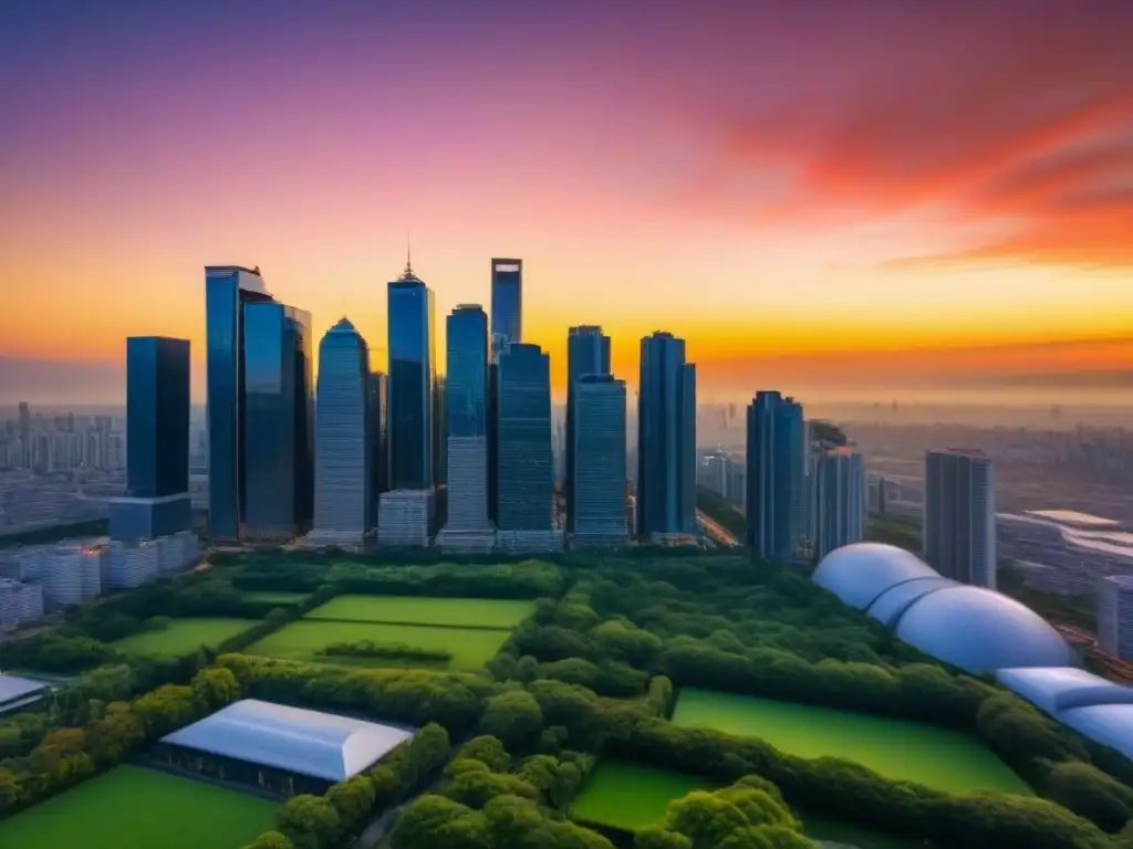 Horizonte urbano: atardecer dramático en ciudad vibrante Vibrante ciudad con rascacielos reflejando un atardecer dramático, símbolo de la adaptabilidad del mercado inmobiliario ante eventos políticos