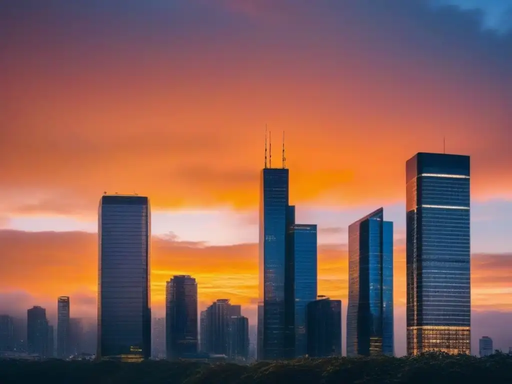 Vibrante ciudad al anochecer, rascacielos brillantes reflejan luces urbanas