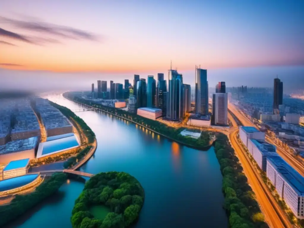 Espléndida vista aérea de una ciudad moderna al anochecer Vibrante ciudad al anochecer, rascacielos brillantes y río urbano, ideal para inversionistas globales en mercados inmobiliarios fronterizos