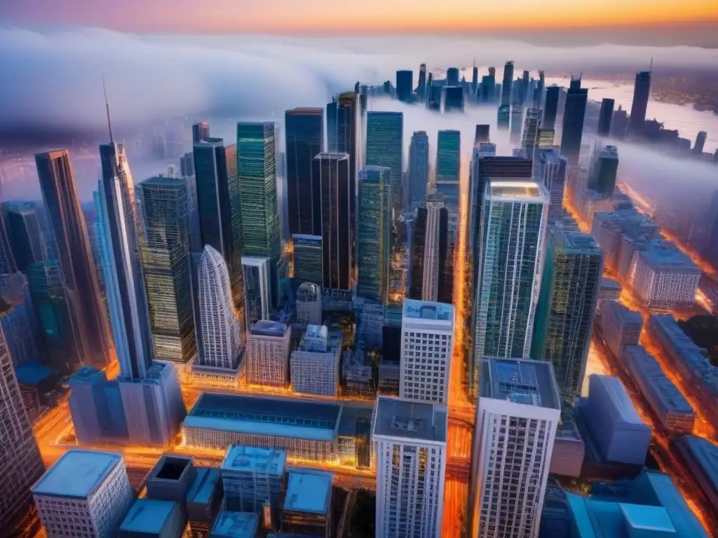 Vista aérea impactante de una ciudad en crecimiento Vibrante ciudad con rascacielos y calles llenas de vida