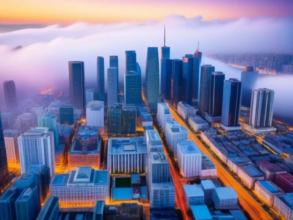 Vibrante metrópolis: auge inmobiliario y energía urbana Vibrante ciudad con rascacielos y calles llenas de gente y tráfico, reflejando la energía de mercados locales liderando reactivación inmobiliaria