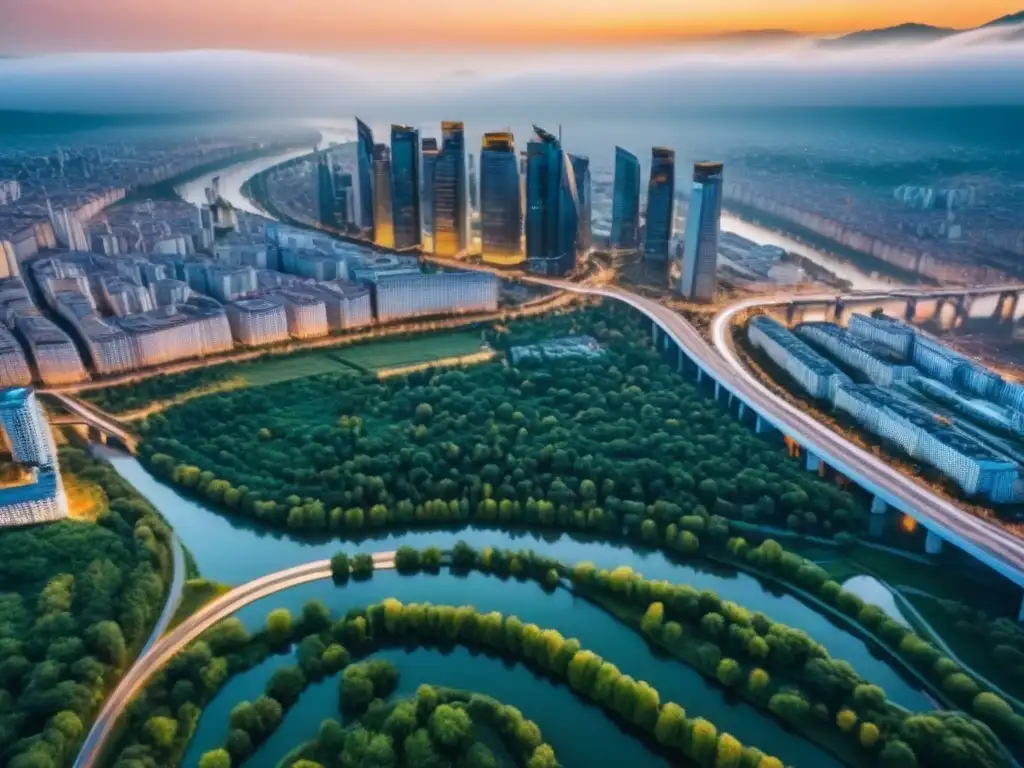 Vibrante ciudad moderna en Europa del Este Vibrante ciudad en Europa del Este con rascacielos, calles llenas de gente y río
