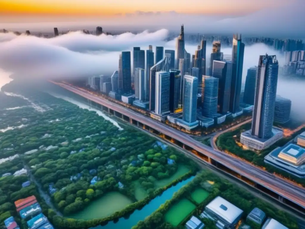 Metrópolis vibrante: rascacielos, arquitectura moderna y vida urbana Vibrante ciudad con rascacielos, calles llenas de vida y naturaleza exuberante