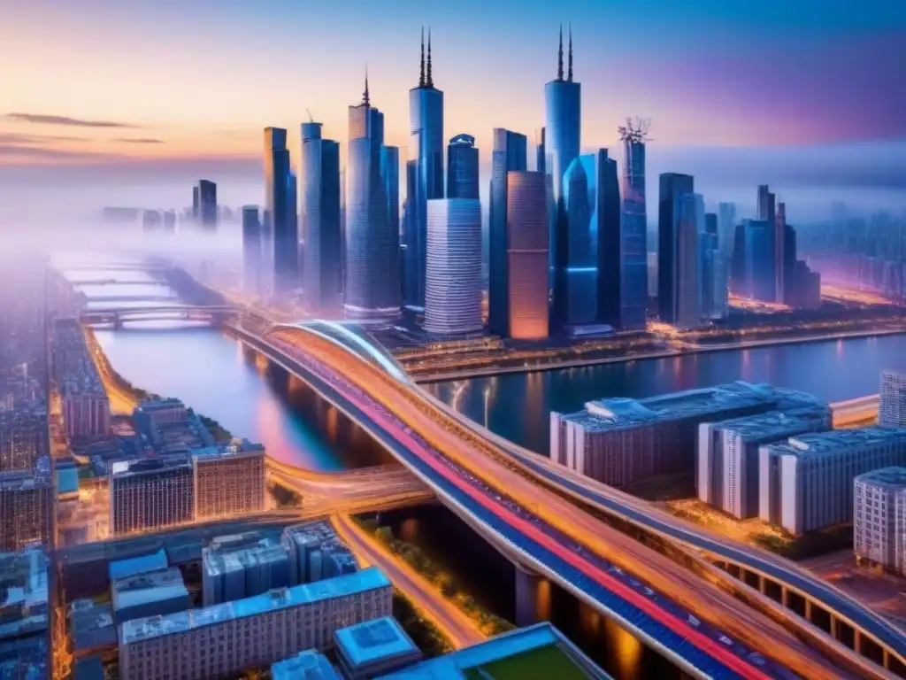 Metrópolis futurista: luces y arquitectura en una ciudad vibrante Vibrante ciudad al anochecer con rascacielos, carteles digitales, arquitectura futurista y una red de carreteras iluminadas