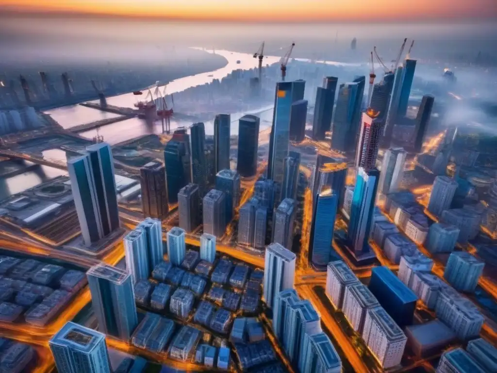 Horizonte urbano en crecimiento: modernos rascacielos y auge inmobiliario Una vibrante ciudad con rascacielos y construcciones, reflejo de políticas gubernamentales de reactivación inmobiliaria
