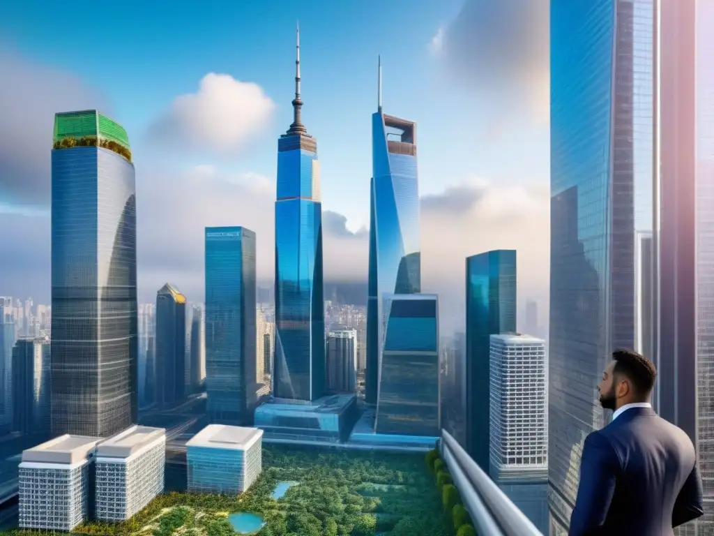 Oportunidades de inversión inmobiliaria: escena urbana futurista Vibrante ciudad con rascacielos y REITs, reflejando crecimiento e innovación para inversionistas globales en mercado inmobiliario