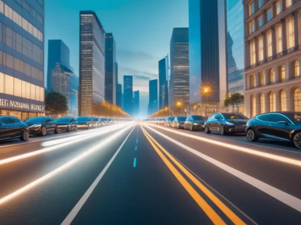 Horizonte urbano futurista: metrópolis sostenible y moderna al atardecer Vibrante ciudad al anochecer con rascacielos de cristal, vehículos eléctricos y ciclistas