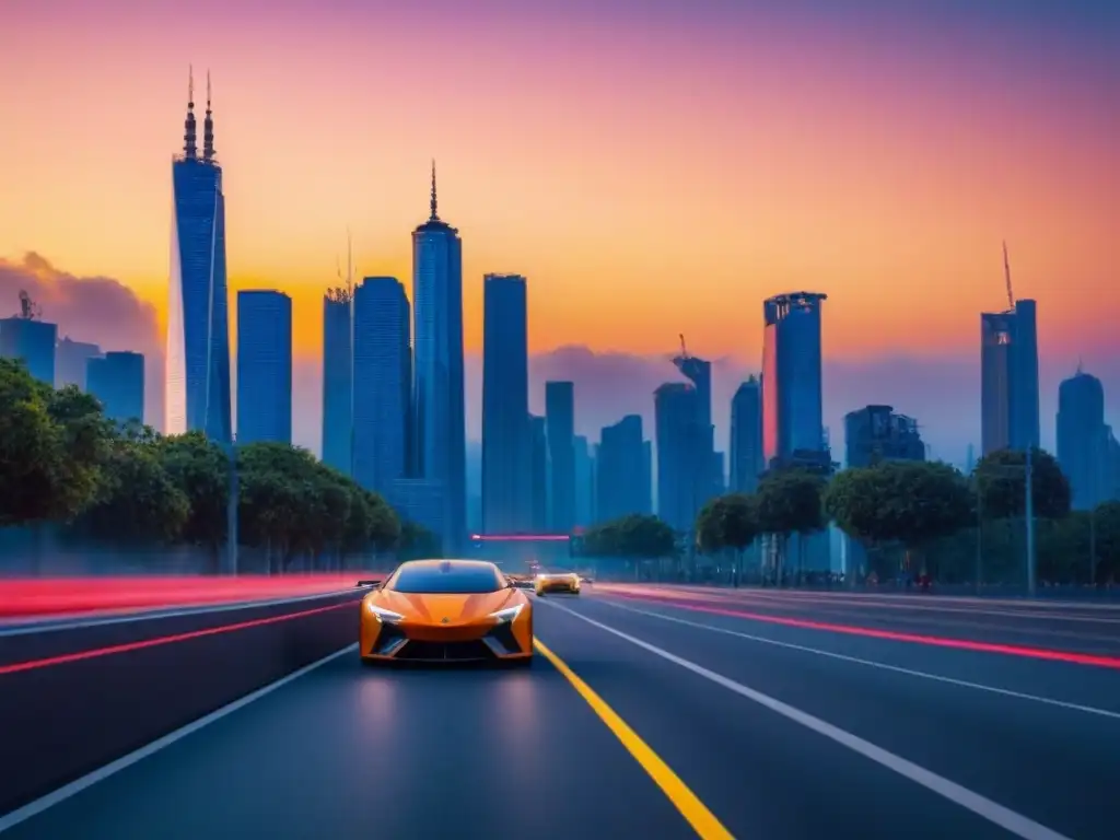 Horizonte moderno al atardecer: metrópolis en evolución Vibrante ciudad al anochecer, con rascacielos de cristal reflejando el sol