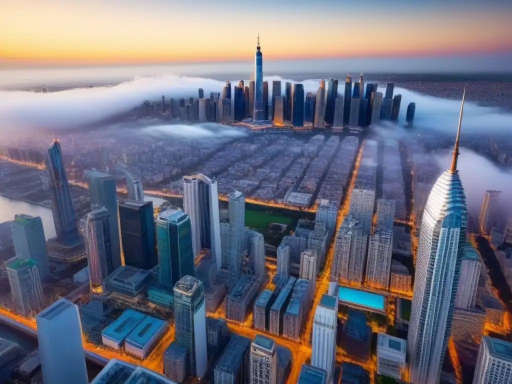 Inversiones inmobiliarias globales: la ciudad moderna desde las alturas Vibrante ciudad con rascacielos, distritos financieros y personas diversas