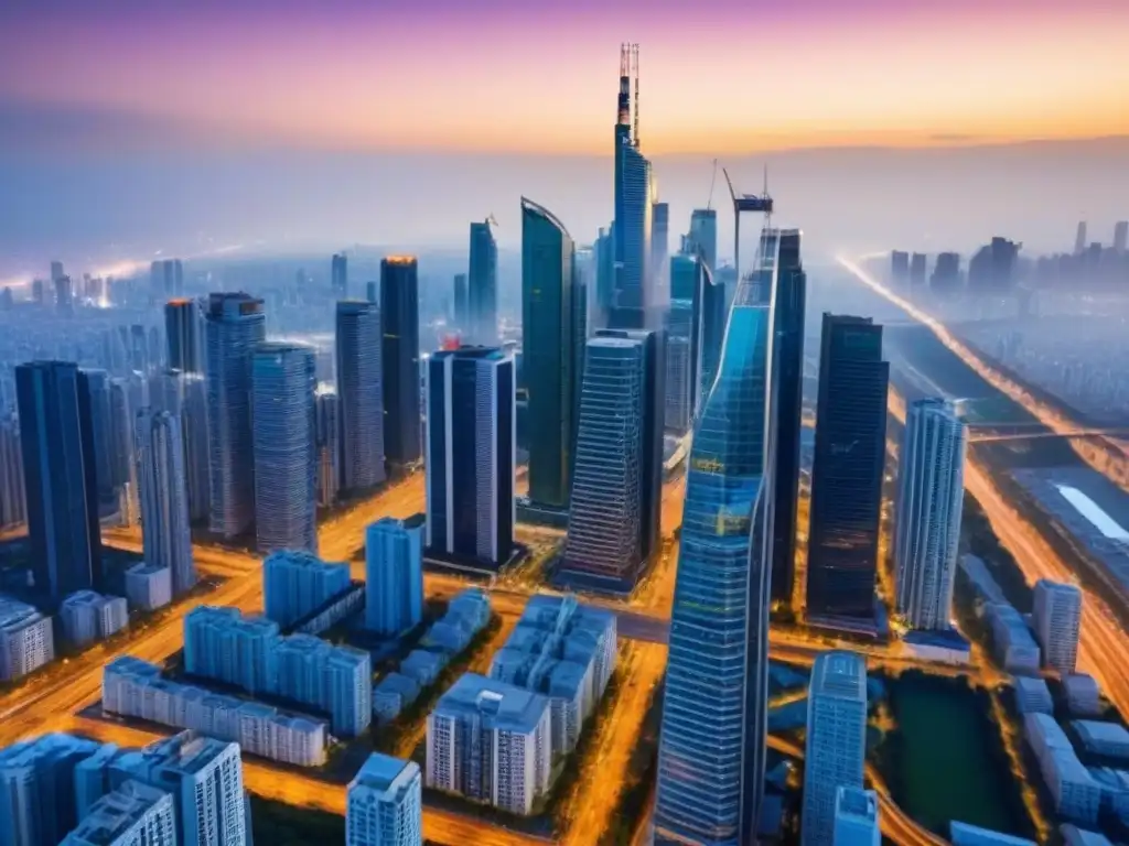 Metrópolis vibrante: real estate global en evolución Vibrante ciudad con rascacielos y diversidad arquitectónica, refleja las regulaciones fiscales mercado inmobiliario global