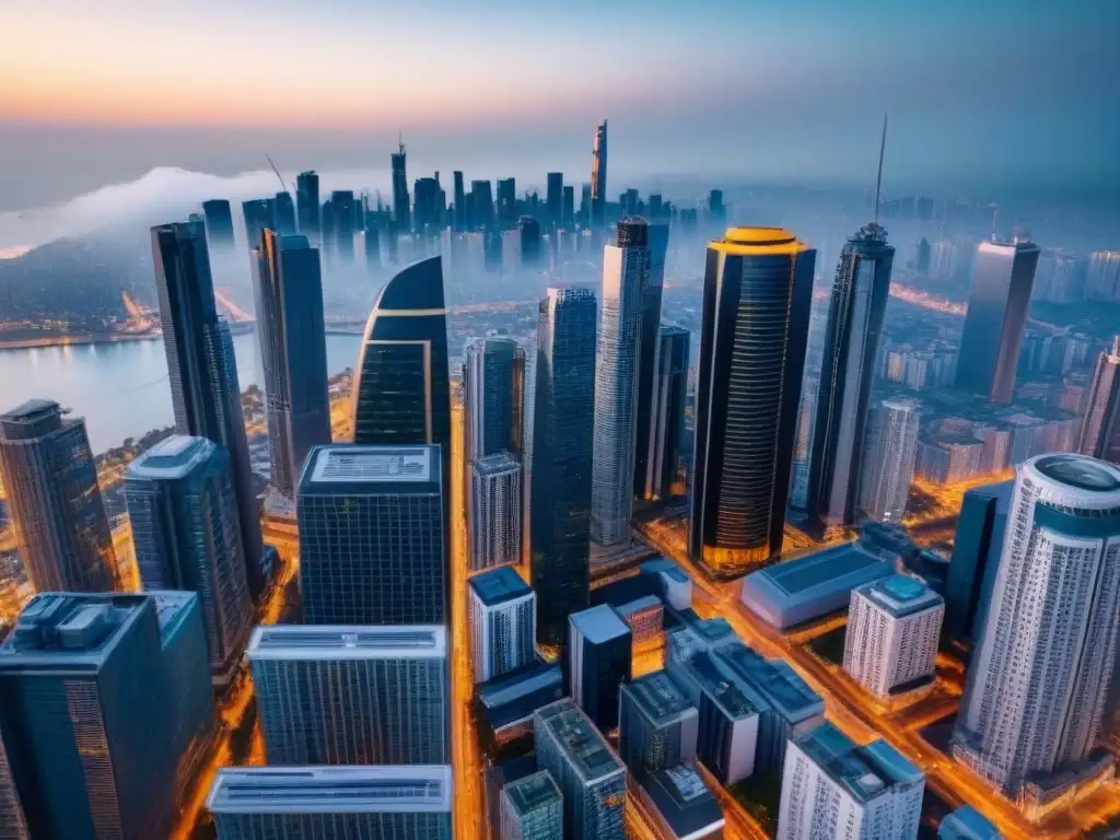 Metrópolis vibrante: mercado inmobiliario global en auge Vibrante ciudad con rascacielos y diversidad de edificios, atractivo para inversionistas globales en el mercado inmobiliario internacional