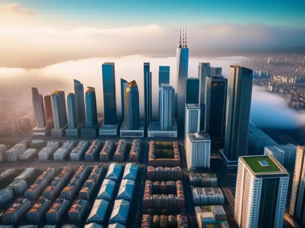 Alta vista de ciudad vibrante: oportunidades de inversión inmobiliaria Vibrante ciudad con rascacielos y edificios residenciales, reflejando beneficios diferencias tasas interés