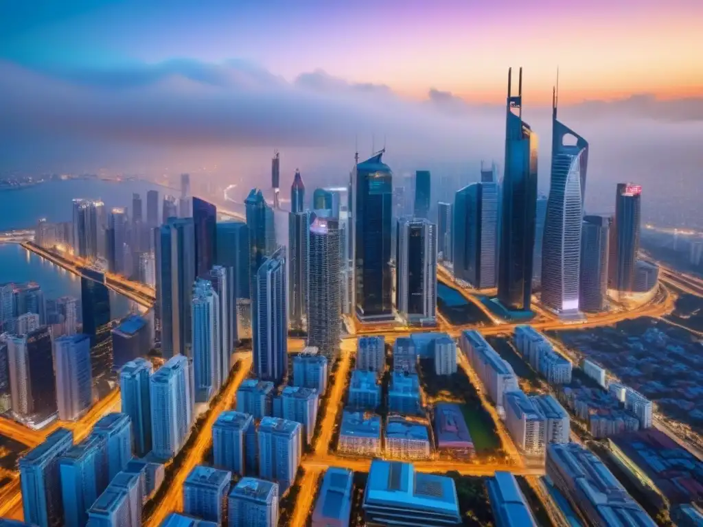 Metropolis vibrante: real estate en auge Vibrante ciudad con rascacielos y edificios modernos, simbolizando el dinámico mercado inmobiliario