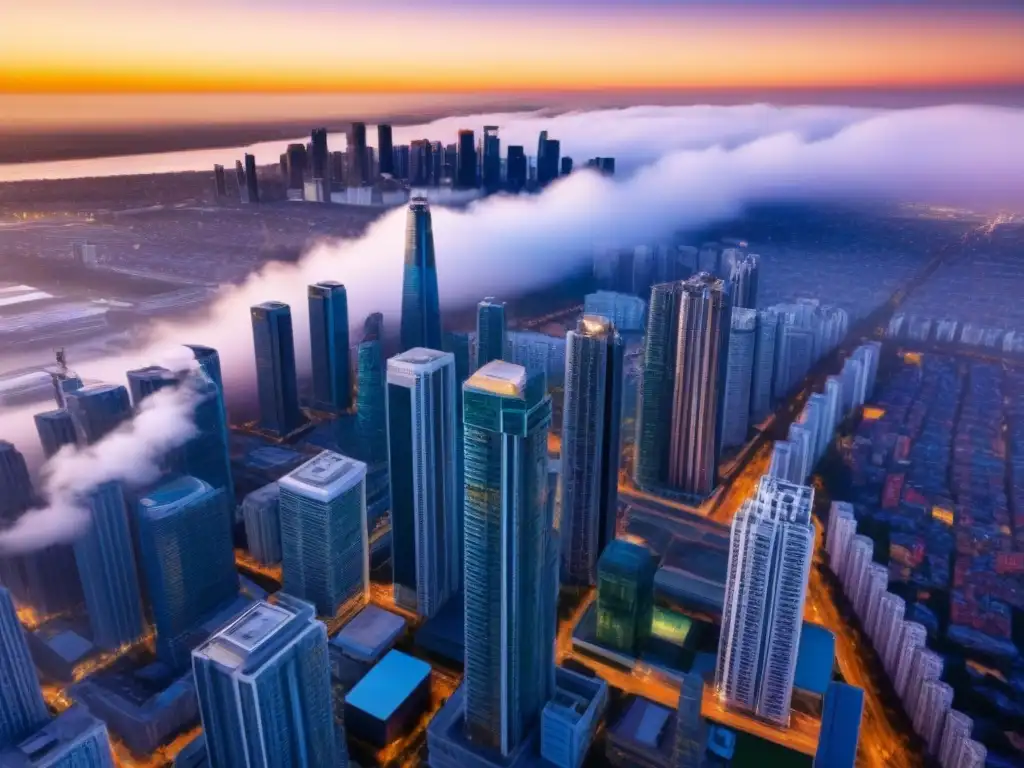 Desarrollo urbano: impacto de políticas en inversión inmobiliaria Vibrante ciudad con rascacielos y edificios residenciales, reflejando el impacto de las políticas gubernamentales en la inversión inmobiliaria